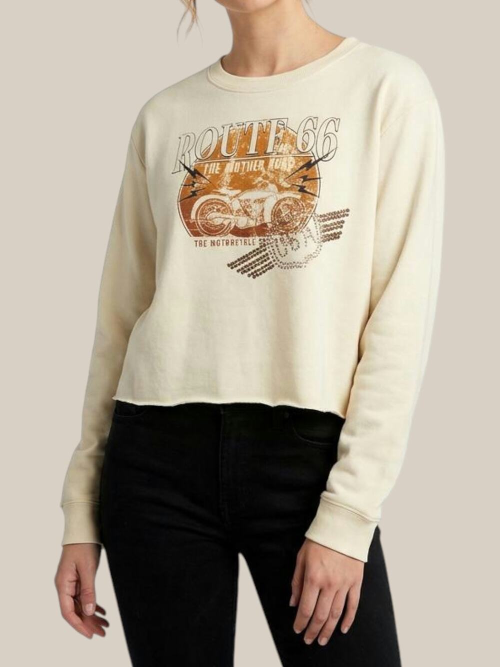 Altar'd State Route 66 Rhinestone Motorcycle Crop Sweatshirt Cream Sz S